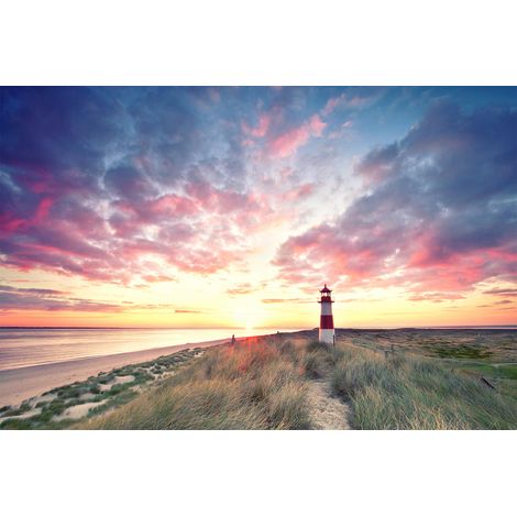 Papier peint panoramique coucher de soleil rouge, bleu et vert | Tapisserie panoramique phare idéal salon | Papier peint panoramique place tendance - 267 x 400 cm (4 pièces) (1/2)