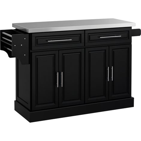 HOMCOM isla de cocina con ruedas tablero de acero inoxidable 2 cajones 4 puertas 2 estantes ajustables especiero y toallero 145x45x93 cm negro (1/5)