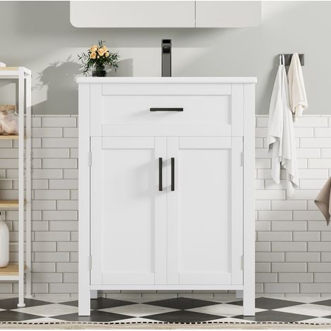 Meuble vasque salle de bain blanc 60 x 46 x 84,8 cm, avec lavabo céramique intégré, rangements et tiroir, sur pied - CHICFURN (1/5)