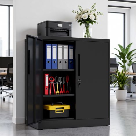 Armario metálico con 2 puertas con cerradura, 2 estantes regulables, negro, 90 x 80 x 40 cm (1/5)