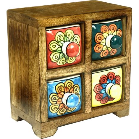 Farbenfrohes Gewürzregal aus Holz und Keramik mit 4 Schubladen