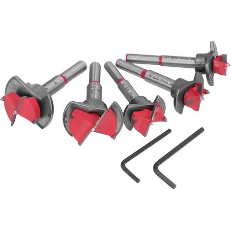 Set mit 5 verstellbaren Forstner-Holzbohrern, titanbeschichteter Wolframstahl, Bohrdurchmesser 15-35 mm, für präzise Holzbearbeitung. (1/5)