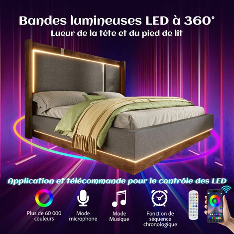 Lit double 140x200 cm capitonné, sommier à lattes intégré, éclairage LED, coffre de rangement avec vérins hydrauliques, teinte gris lin et noyer, sans matelas (1/5)