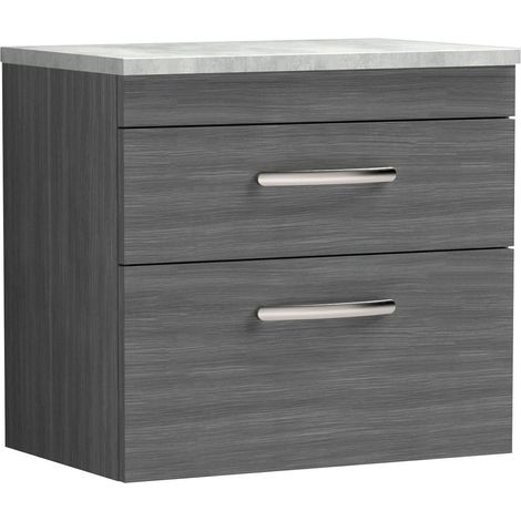 Millwich Contemporary 2 Drawer Wall Hung Vanity Unit with Laminate Black Galaxy Granite Worktop, Anthracite Woodgrain, 600mm