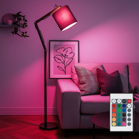 Stehleuchte Fernbedienung dimmbar Gelenkleuchte Holz Textilschirm Wohnzimmerlampe beweglich, Metall schwarz braun, RGB LED 8,5W 806Lm warmweiß, H 172 cm
