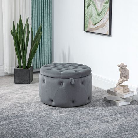 Tabouret rond avec compartiment de rangement, design matelassé avec boutons, revêtement aspect velours, gris, 60 x 60 x 40 cm (1/5)