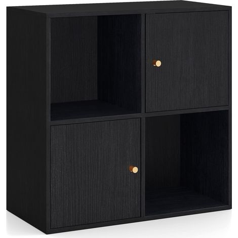 COSTWAY 4-Cube Bookcase 3-Tier Bookshelf Storage Organizer w/2 Cabinets-Black (1/5)