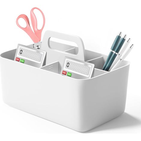 Organizador de almacenamiento apilable, caja de almacenamiento de plástico, cesta de almacenamiento con asa, organizador de partición extraíble versátil, adecuado para oficinas, aulas, armarios, blanc