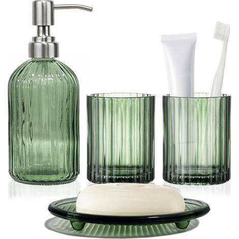 Ensemble d'accessoires de salle de bain vert 4 pièces, organisateur d'accessoires de salle de bain : distributeur de savon, porte-brosse à dents, gobelet, porte-savon, distributeur de savon (1/5)