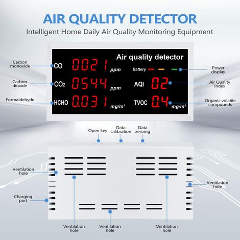 Monitor della qualità dell'aria, rilevatore della qualità dell'aria interna CO2 HCHO AQI TVOC, monitor CO2 portatile ad alta precisione, tester intelligente della qualità dell'aria ricaricabile per ca (1/4)