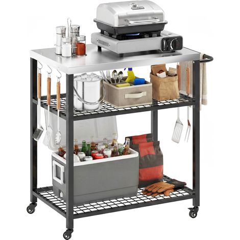 Outsunny Outdoor Grill Cart, Movable Food Prep Table with Wheels, Hooks