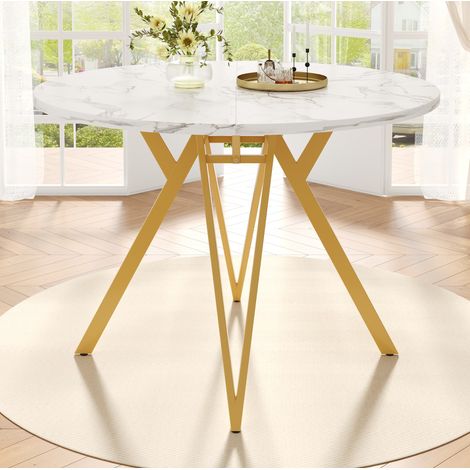Tavolo da pranzo rotondo 100 x 100 x 76 cm, piano MDF effetto marmo, gambe in metallo dorato HAVRYA (1/5)