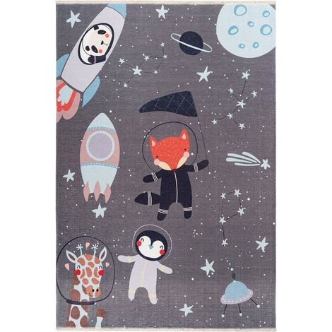 Tapis enfant doux motif espace gris anthracite lavable - gris anthracite motif espace pastel (1/3)