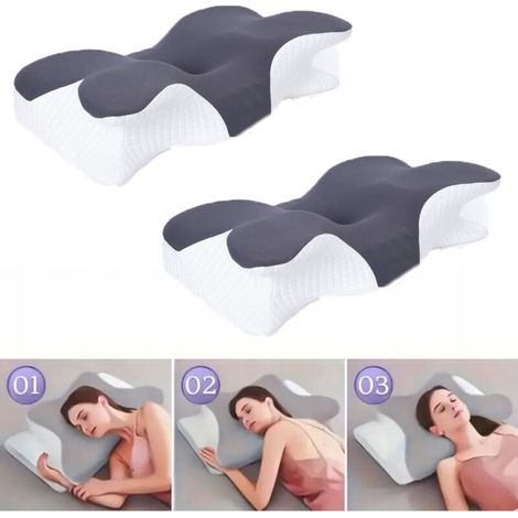 Lot de deux oreillers cervicaux ergonomiques en mousse à mémoire de forme, offrant un soutien correctif et épousant la courbe du cou, gris - 930 g (1/5)