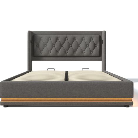 Cama con almacenaje 140x200 cm gris de algodón con LED 3 lados, USB-C, HOMVRA (1/5)