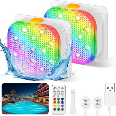Projecteur subaquatique Vicloon pour piscine, lot de 2 lampes rechargeables pour spa et jacuzzi avec télécommande, 16 couleurs et 6 modes RGB dynamiques, étanche IP68. Idéal pour piscine, vase, spa, a (1/5)