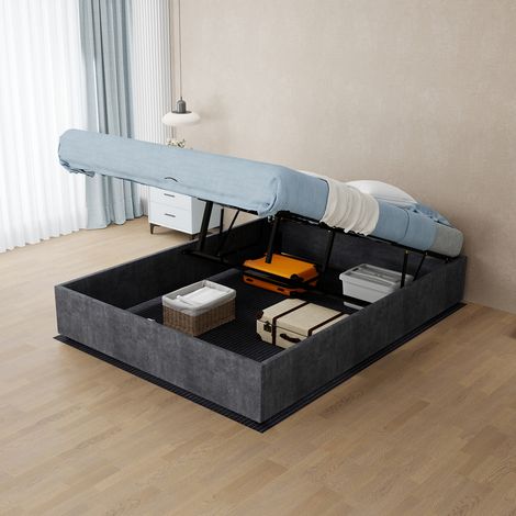 Estructura de cama moderna y elegante, 140 x 200 cm, gris, tapizada en terciopelo holandés, con sistema de elevación a gas, mueble de dormitorio moderno, cabecero y colchón no incluidos. (1/5)