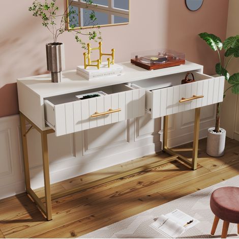 Schminktisch 100x45x75 cm weiß aus Spanplatte mit 2 Schubladen und goldfarbenen Griffen (1/5)