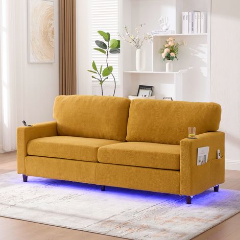 Sofá de 2 plazas 203x77.5x86 cm amarillo mostaza en chenilla con USB-C, LED, portavasos y bolsillos laterales (1/5)