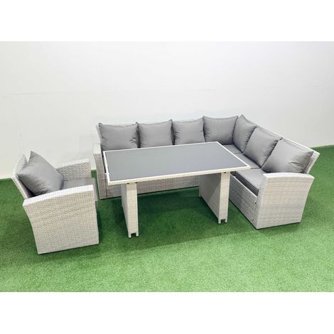 Fimous Outdoor Garden Furniture Sets 7 Seater Wicker Rattan Corner Sofa Sets with Rectangular Dining Table Lounge Sofa Armchair Light Grey (1/4)