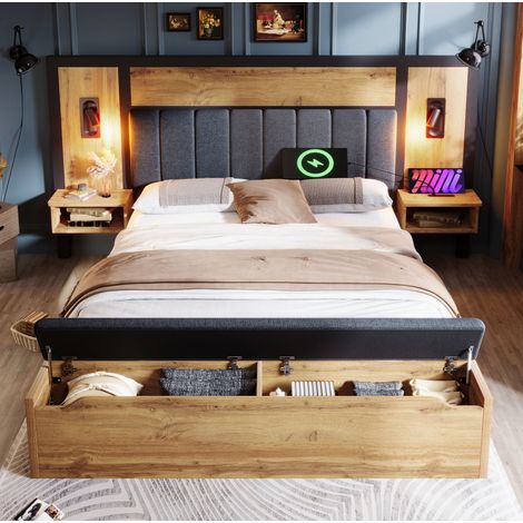 Lit double 160x200 cm chêne en métal, MDF et lin avec lampes de lecture, recharge USB-C et banc coffre (1/5)