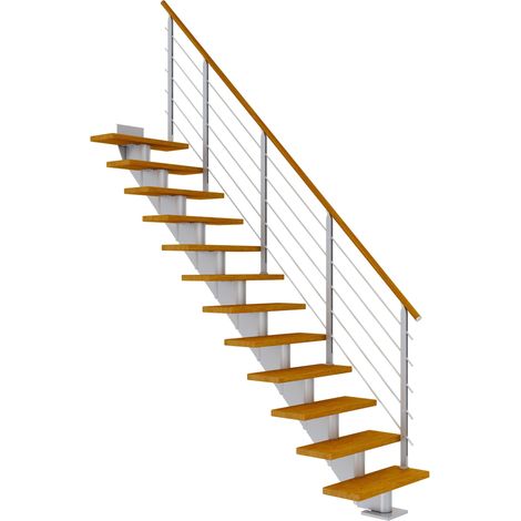 Dolle Mittelholmtreppe Hamburg Gerade Eiche, geölt 85 cm breit für Geschosshöhen 222 – 258 cm UK Metall Perlgrau inkl. einseitigem Designgeländer