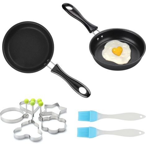 Juego de 2 sartenes pequeñas de inducción de 12 cm, mini sartenes antiadherentes, sartén para huevos, sartén para huevos fritos, olla resistente al calor, 2 brochas de aceite. (1/5)