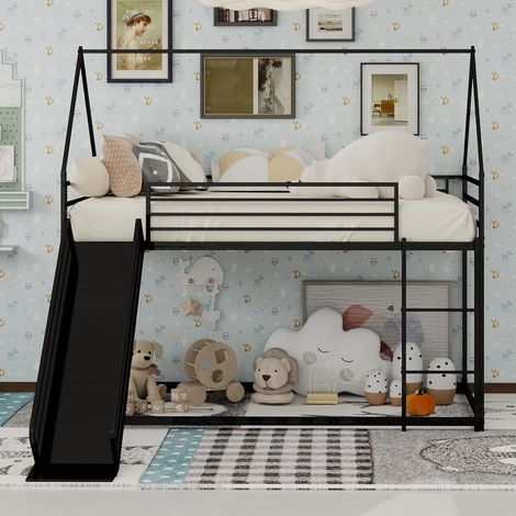 Les lits superposés mesurent 90190 cm. Le lit pour enfant est doté d’un toboggan. Le cadre de lit en forme de maison avec échelle ne nécessite pas de sommier et est facile à assembler. (1/5)