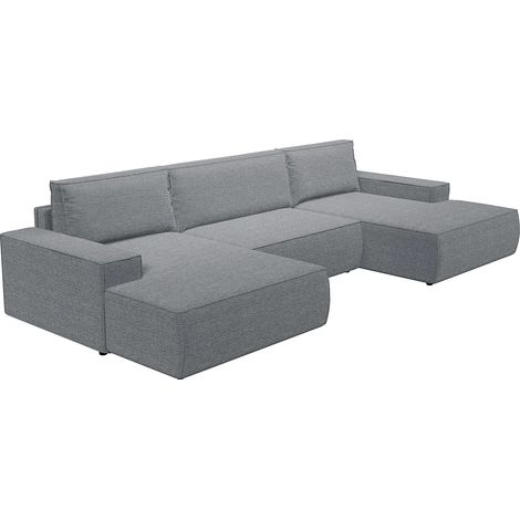 Grand canapé d'angle panoramique convertible en tissu texturé gris AMELIA (1/5)
