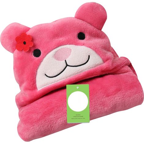 Weiche und bequeme Kapuzendecke für Kinder aus Korallensamt mit Tiermotiv, für Babys und Kinder, rosa-rotes Bärenmuster (1/5)