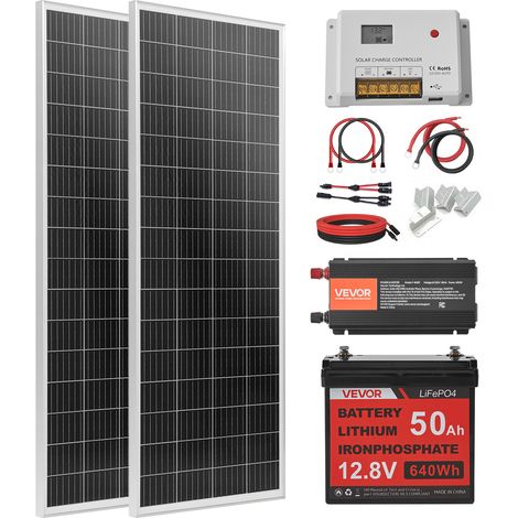 VEVOR Kit Solaire Complet Hors Reseau 200 W 12 V 2 Panneaux Solaires Monocristallins 100 W, Batterie LiFePO₄ 12,8 V 50 Ah, Controleur de Charge 40 A, Onduleur 800 W, pour Camping-car, Maison, Bateau (1/5)