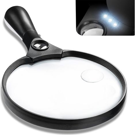 Lntyq Loupe éclairée, grande loupe de 5,5 pouces, loupe zoom 2x, 4x, 25x avec 3 loupes éclairées par LED pour la lecture des personnes âgées, des timbres, des cartes