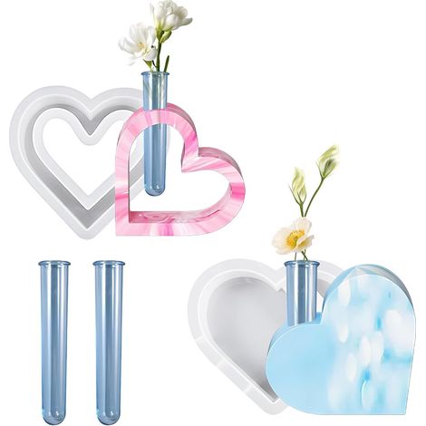 Moule en silicone cœur pour vase lot de 4 moules résine avec tube à essai forme cœur plein et creux moule DIY pour époxy décoration de table plantes (1/5)