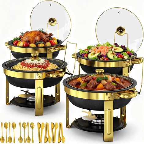 Lot de 4 chafing dish buffet - Revêtement en maïfanite - Rond - Avec couvercle transparent - En acier inoxydable doré - Pour fêtes et événements de restauration (1/5)