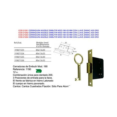cerradura mueble embutir mod 190 35 mm con llave zamac a35 oro (1/5)