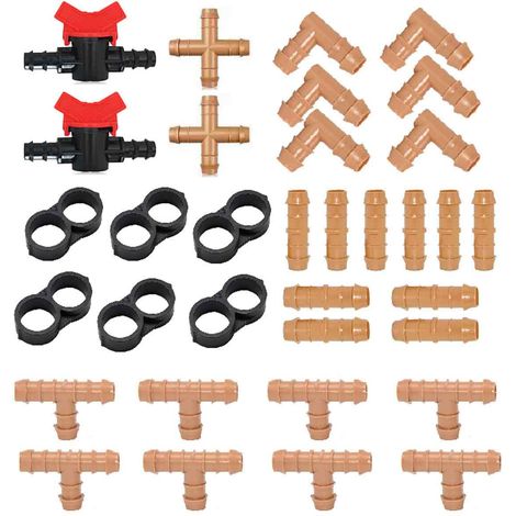 34 pièces Raccords pour irrigation goutte à goutte, 17 mm, compatibles tuyaux 1/2 pouce, avec manchons, tés, coudes, vannes et bouchons (1/5)