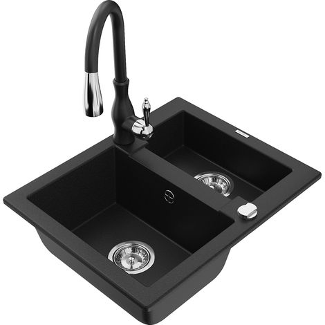 Mexen Carlos fregadero de granito de 1,5 senos con grifo de cocina Savita, negro - 6518-77-672601-70 (1/5)