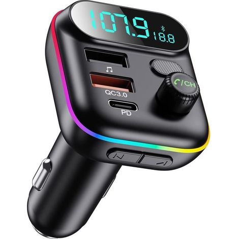 Transmetteur FM Bluetooth, Chargeur de Voiture QC3.0 & 5V/2.4A, Rétro-éclairage Coloré,Lecteur de Musique MP3 Support TF Card/USB (1/4)