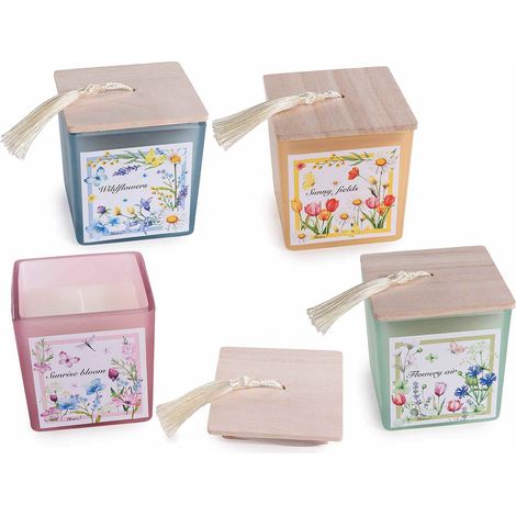 Candele profumate in barattolo di vetro con tappo in legno e nappina, set da 4 pezzi, cm 8 x 8 x 8,5 H