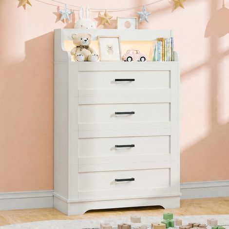 Commode 4 Tiroirs Blanche avec Bande LED RGB, Chiffonnier Scandinave pour Chambre, Buffet de Rangement en Bois avec Compartiments Ouverts - Blanc