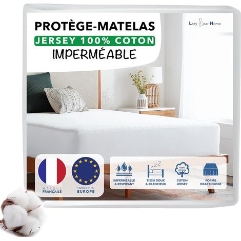 Protege Matelas 140x190/200 cm Imperméable Surface Jersey 100% Coton Doux Alese Drap Housse Grand Bonnet 30 cm Anti-Acariens Marque Française Fabriqué UE (1/5)