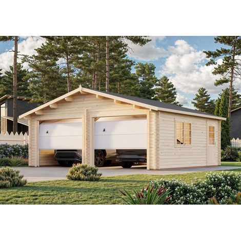 Garage en bois 28,4 m² – 2 portes sectionnelles – Structure en madriers 44 mm – Accès facile et sécurisé – Palmako
