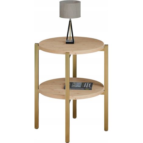 Table de chevet ronde moderne avec étagère 35x35x46 cm métal doré (1/5)