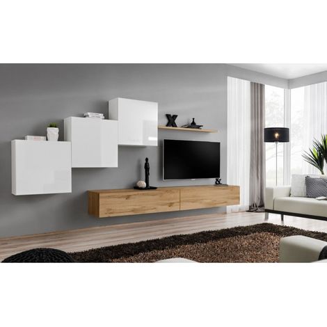 Ensemble mural - Switch X - 3 vitrines carrées - 2 bancs TV - 1 étagère - Bois et blanc - Modèle 2 - Livraison gratuite
