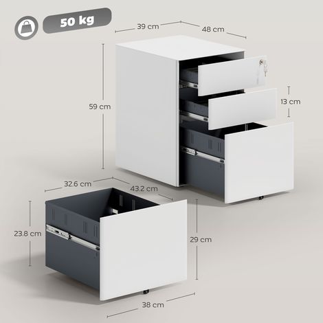 Commode de bureau en acier à 3 tiroirs avec serrure et roulettes, 39 x 48 x 59 cm, blanche (1/5)