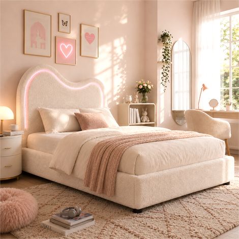 Cama tapizada, individual, infantil de 90 x 200 cm, cama funcional hidráulica, cama con somier de láminas, cabecero y amplio espacio de almacenamiento, cabecero tapizado, bouclé, blanco (1/5)