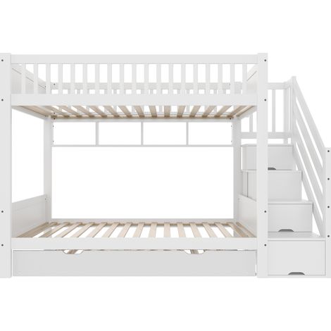 Lit superposé enfant 90 x 200 cm blanc avec lit gigogne, étagère, armoire et rangements (1/5)