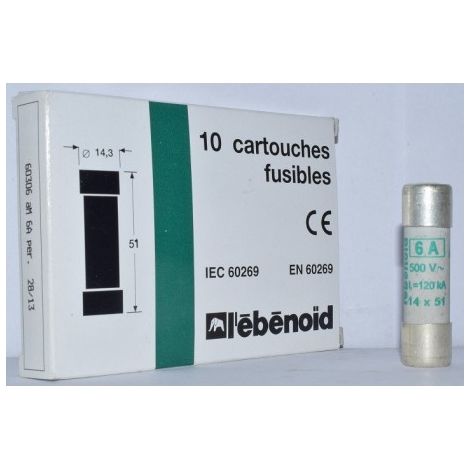 Fusible 6A cartouche 14X51mm aM usage industriel (boite de 10) HPC 120kA 500V avec percuteur EBENOID 060306 (1/2)