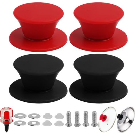 Lot de 4 poignées de couvercle de casserole en silicone, universelles et résistantes à la chaleur, sans BPA, avec vis et joints en acier inoxydable, compatibles lave-vaisselle. (1/5)