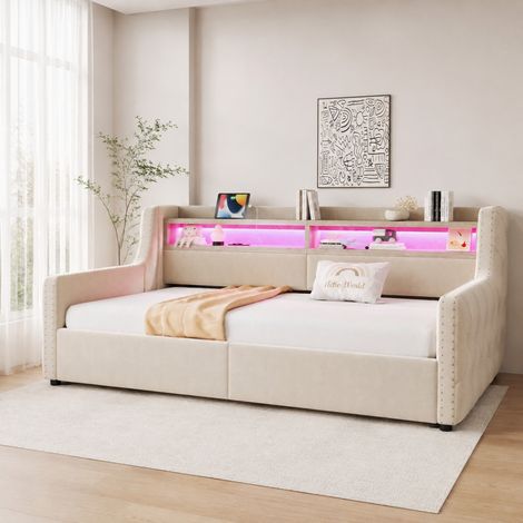 Sofá cama tapizado 216x104x81 cm, con almacenamiento hidráulico, luz LED, enchufes, USB, tipo C, terciopelo beige (1/5)
